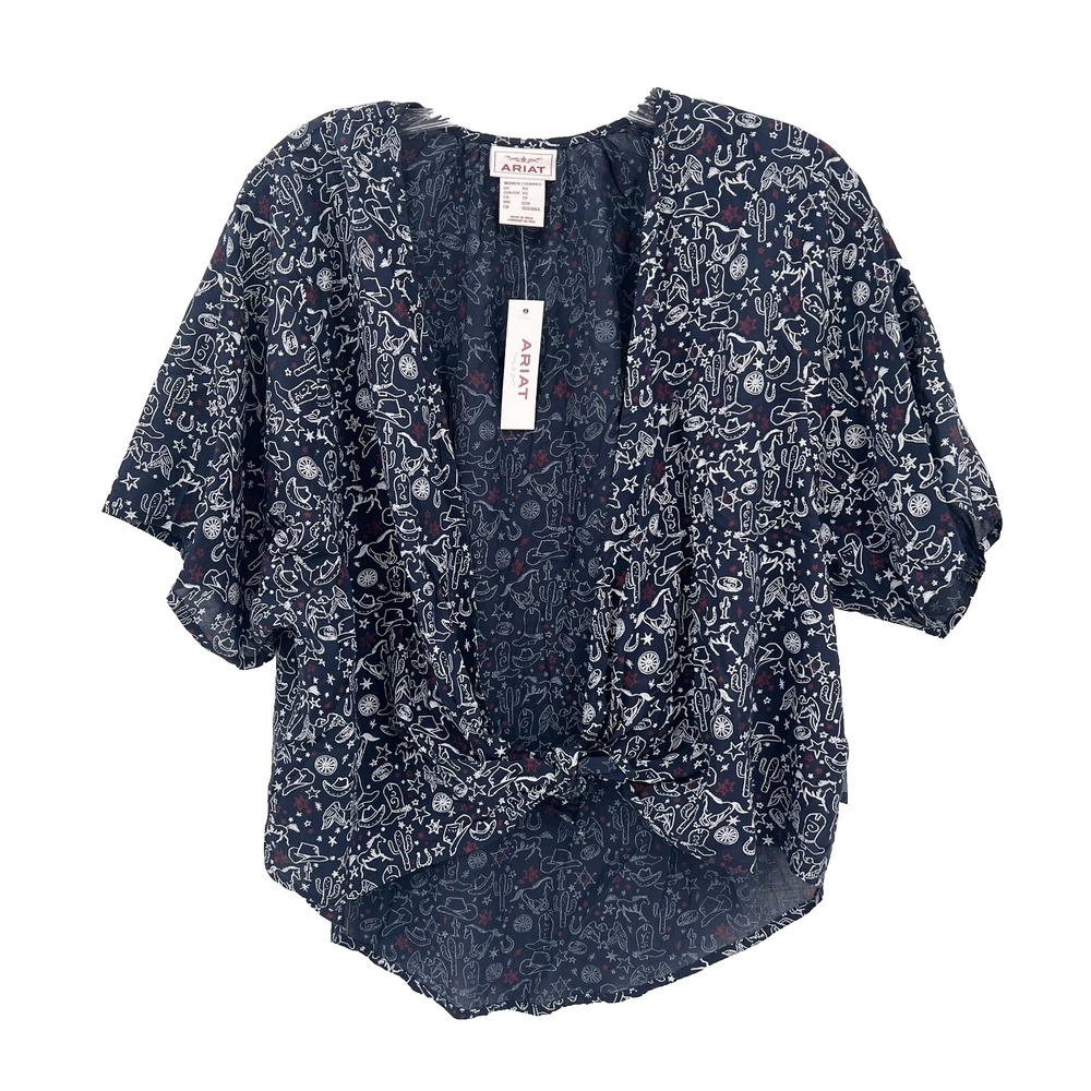 ARIAT Women's XS Navy Blue "Howdy" Print Short-Sleeve Tie-Front Wrap Blouse NWT
